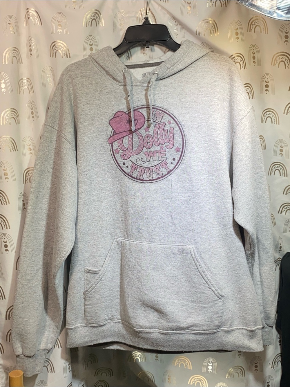 Dolly Parton Light Gray Hoodie with Pink Chest Graphic